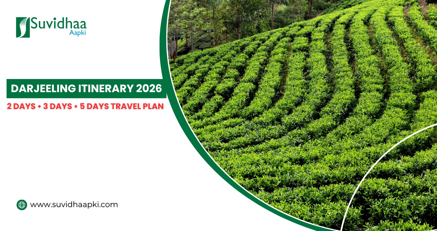 Darjeeling itinerary 2026 featuring Tiger Hill sunrise, Darjeeling Himalayan Railway toy train, tea gardens, and Kanchenjunga mountain views
