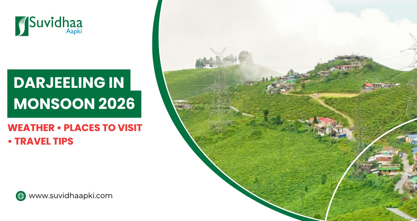 Mist-covered tea gardens and lush green hills in Darjeeling during monsoon season