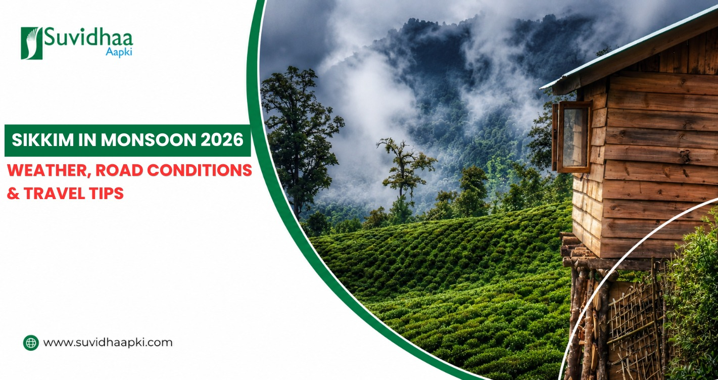 Sikkim in monsoon 2026 with mist-covered mountains, lush green valleys, and winding roads during the rainy season