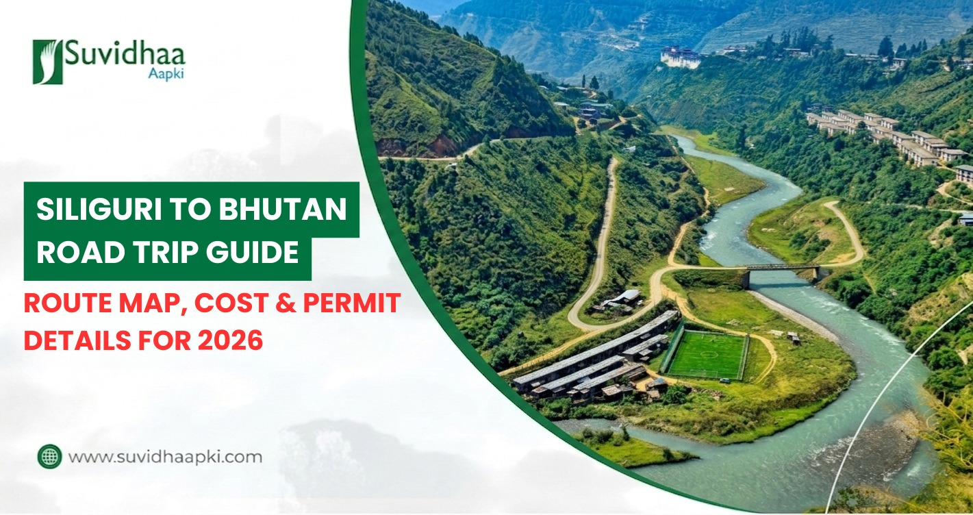 Scenic road trip from Siliguri to Bhutan via Jaigaon and Phuentsholing with Himalayan mountain roads and Bhutan Gate view