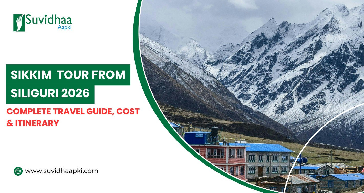 Scenic Himalayan road leading from Siliguri to Sikkim with mountain views and colorful prayer flags.