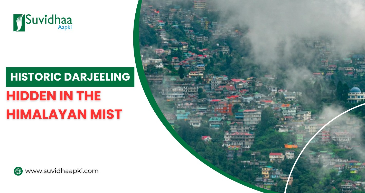 Historic Darjeeling town covered in Himalayan mist with colonial hillside buildings and dense green forest